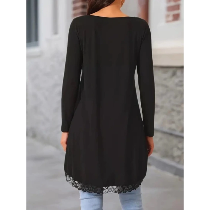 MDB Kadın Uzun Kollu Bisiklet Yaka Asimetrik Kesim Detaylı Dantelli Viskon Bluz