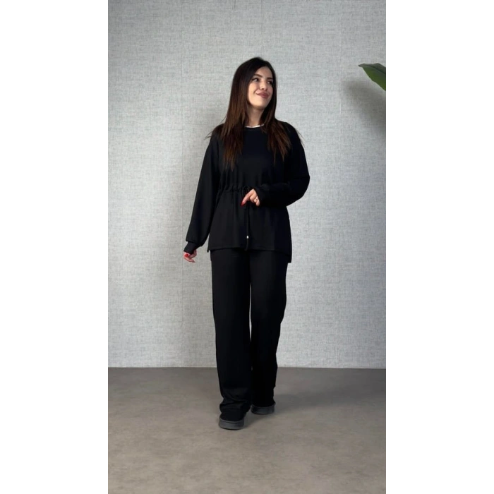 MDB Kadın Uzun Kollu Bisiklet Yaka Belden Büzgülü Bağcıklı Viskon Iki Iplik Bluz Ve Pantolon Ikili Takım