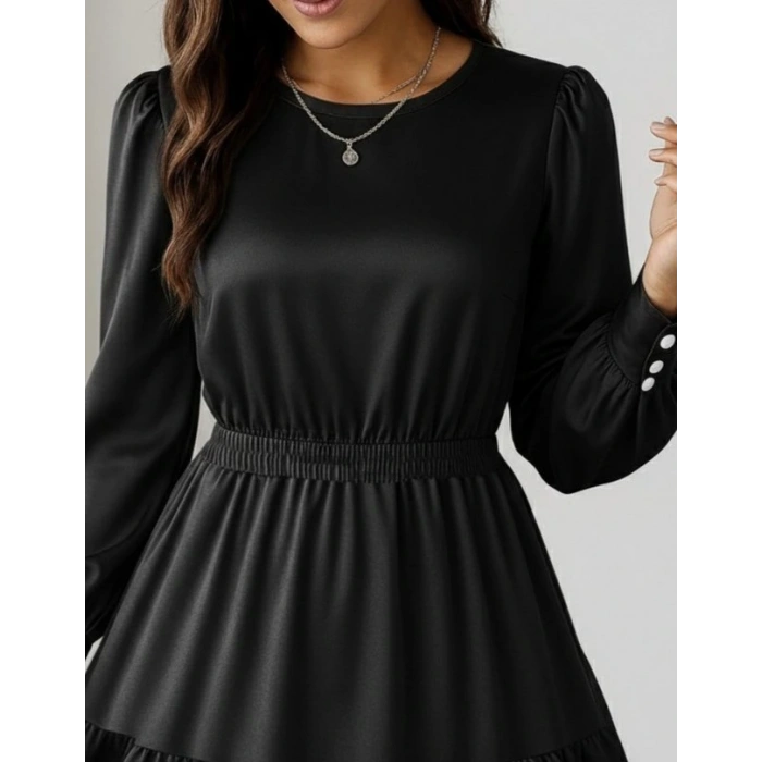 MDB Kadın Uzun Kollu Bisiklet Yaka Beli Lastikli Fırfırlı Ithal Krep Elbise