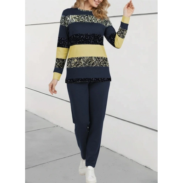 MDB Kadın Uzun Kollu Bisiklet Yaka çizgili Desen Iki Iplik Bluz Ve Pantolon Ikili Takım