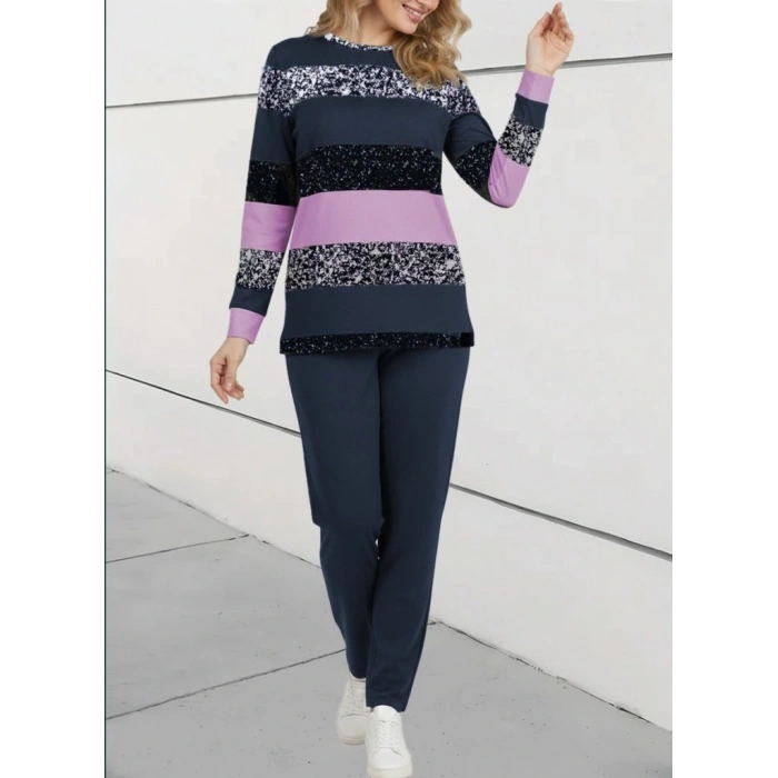 MDB Kadın Uzun Kollu Bisiklet Yaka çizgili Desen Iki Iplik Bluz Ve Pantolon Ikili Takım