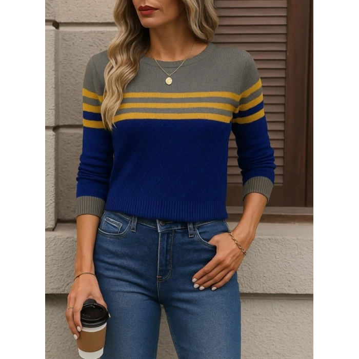 MDB Kadın Uzun Kollu Bisiklet Yaka çok Renkli Triko Bluz