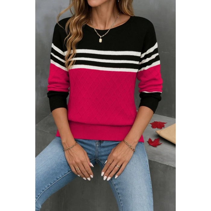 MDB Kadın Uzun Kollu Bisiklet Yaka çok Renkli Triko Bluz