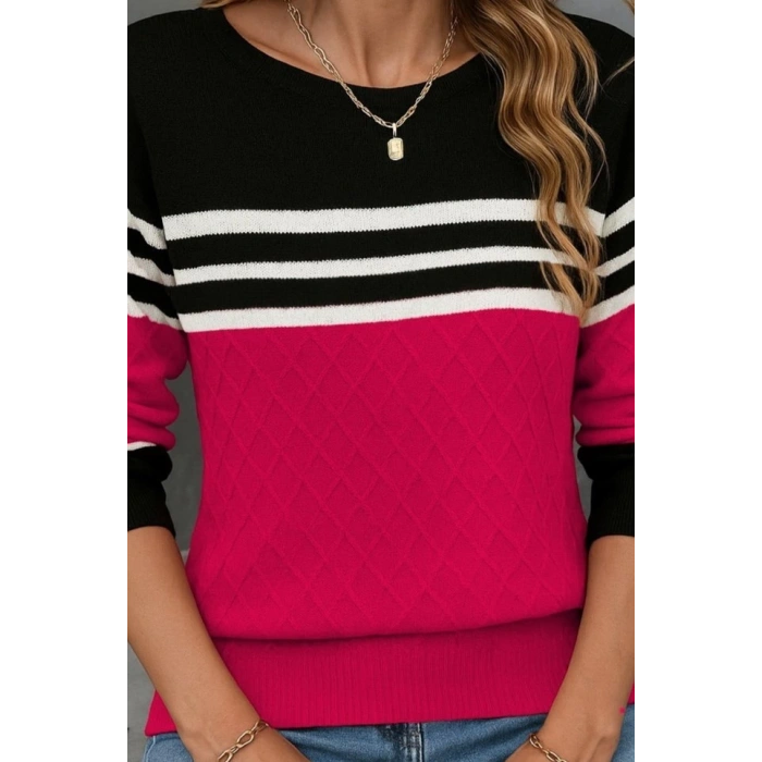 MDB Kadın Uzun Kollu Bisiklet Yaka çok Renkli Triko Bluz