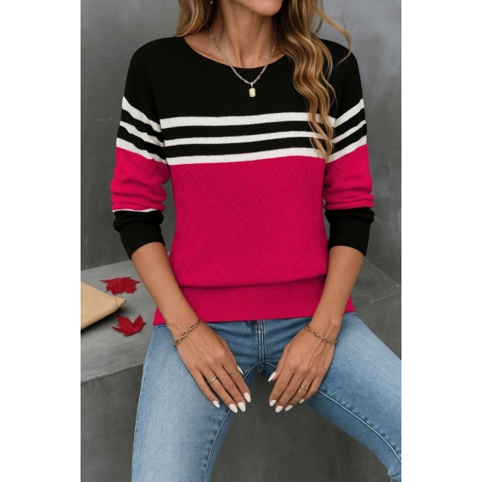 MDB Kadın Uzun Kollu Bisiklet Yaka çok Renkli Triko Bluz