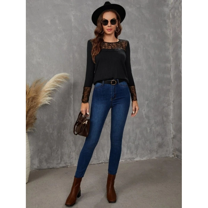 MDB Kadın Uzun Kollu Bisiklet Yaka Dantel Detaylı Burgu Bluz