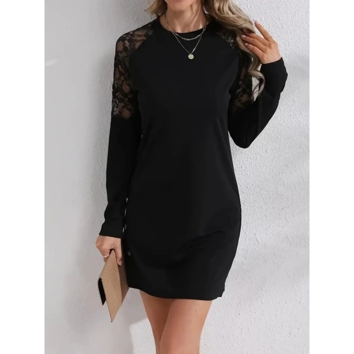 MDB Kadın Uzun Kollu Bisiklet Yaka Dantel Detaylı Visk8n Iki Iplik Düğmeli Mini Elbise