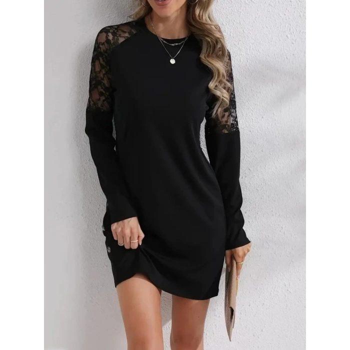 MDB Kadın Uzun Kollu Bisiklet Yaka Dantel Detaylı Visk8n Iki Iplik Düğmeli Mini Elbise