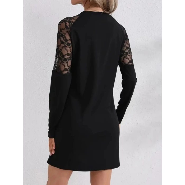 MDB Kadın Uzun Kollu Bisiklet Yaka Dantel Detaylı Visk8n Iki Iplik Düğmeli Mini Elbise