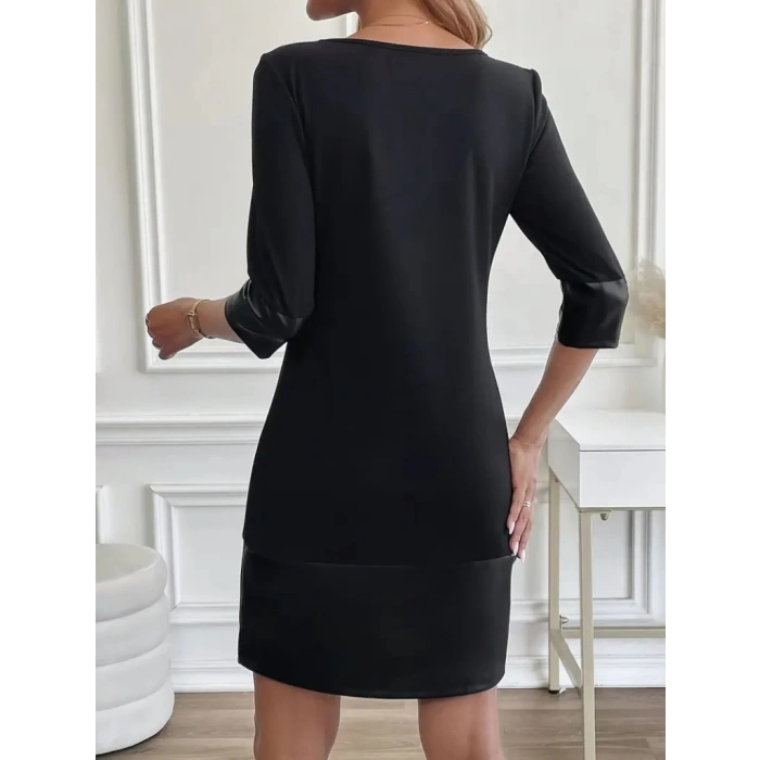 MDB Kadın Uzun Kollu Bisiklet Yaka Deri Detaylı Ithal Krep Elbise