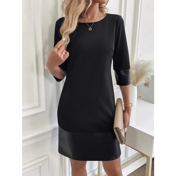 MDB Kadın Uzun Kollu Bisiklet Yaka Deri Detaylı Ithal Krep Elbise