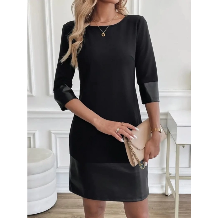 MDB Kadın Uzun Kollu Bisiklet Yaka Deri Detaylı Ithal Krep Elbise