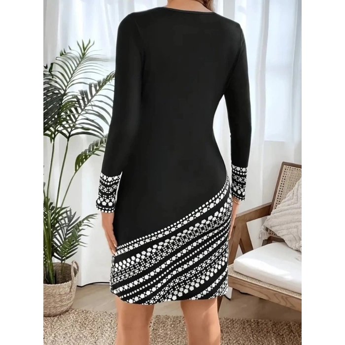 MDB Kadın Uzun Kollu Bisiklet Yaka Desenli Dalgıç Elbise