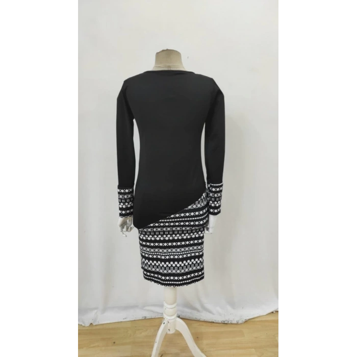 MDB Kadın Uzun Kollu Bisiklet Yaka Desenli Dalgıç Elbise