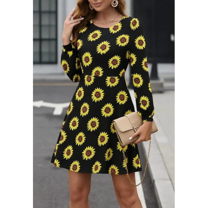 MDB Kadın Uzun Kollu Bisiklet Yaka Desenli Kısa Krep Elbise