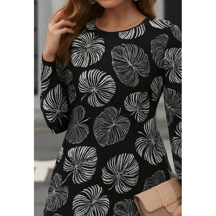 MDB Kadın Uzun Kollu Bisiklet Yaka Desenli Kısa Krep Elbise