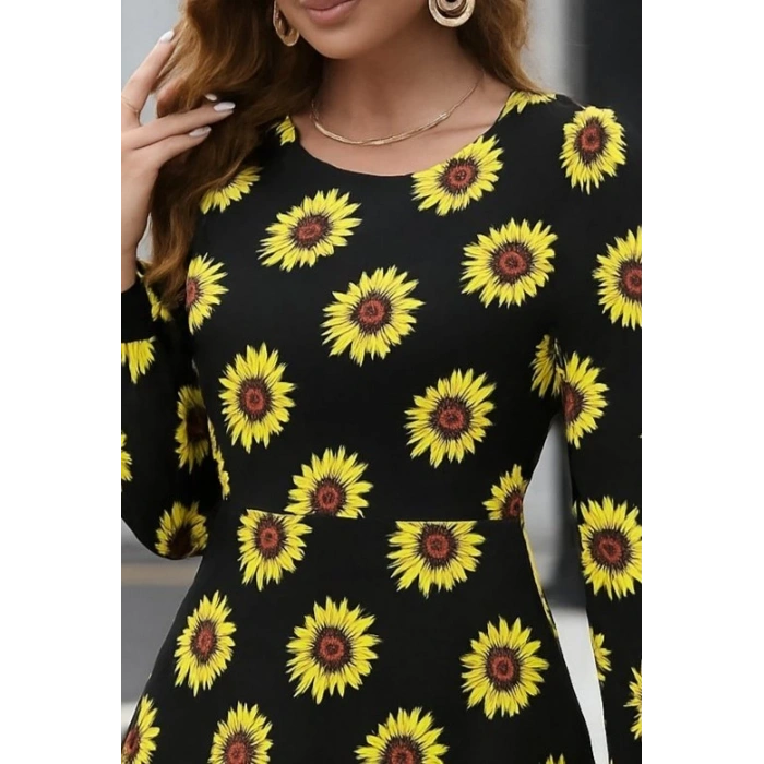 MDB Kadın Uzun Kollu Bisiklet Yaka Desenli Kısa Krep Elbise