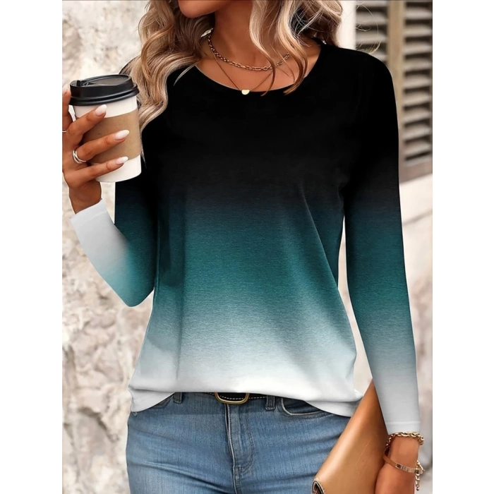 MDB Kadın Uzun Kollu Bisiklet Yaka Desenli Süprem Bluz