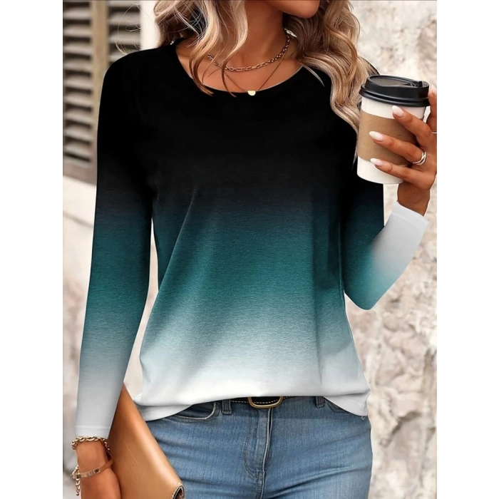 MDB Kadın Uzun Kollu Bisiklet Yaka Desenli Süprem Bluz