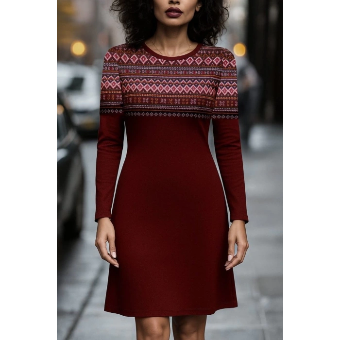 MDB Kadın Uzun Kollu Bisiklet Yaka Etnik Desenli Kısa şardonlu Dalgıç Elbise