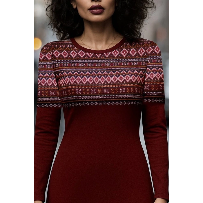 MDB Kadın Uzun Kollu Bisiklet Yaka Etnik Desenli Kısa şardonlu Dalgıç Elbise