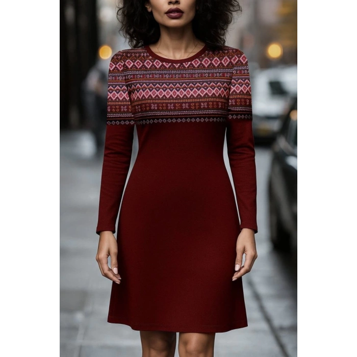 MDB Kadın Uzun Kollu Bisiklet Yaka Etnik Desenli Kısa şardonlu Dalgıç Elbise