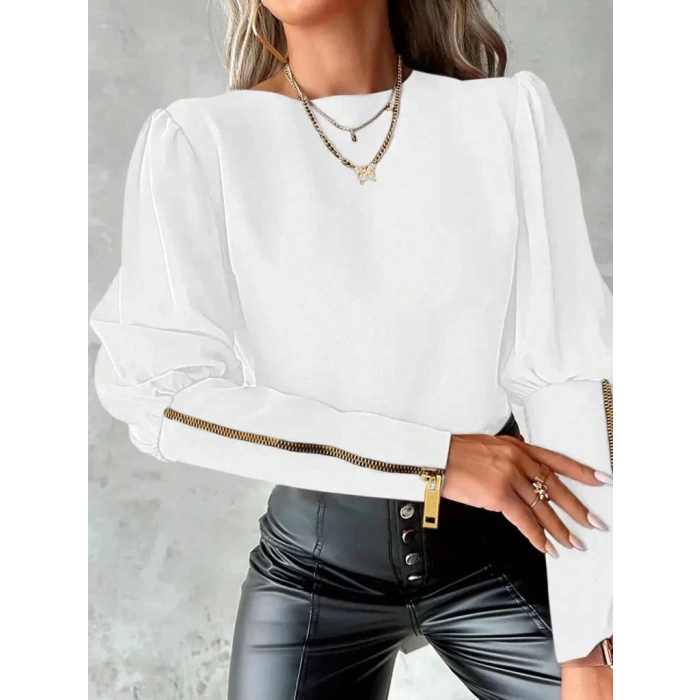 MDB Kadın Uzun Kollu Bisiklet Yaka Fermuar Detaylı Ithal Krep Bluz