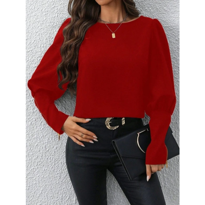 MDB Kadın Uzun Kollu Bisiklet Yaka Fermuar Detaylı Ithal Krep Bluz