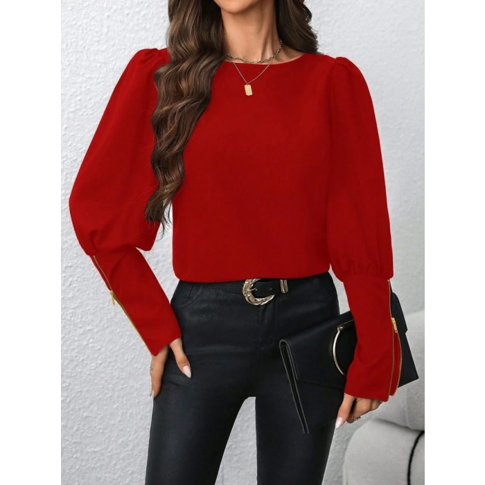 MDB Kadın Uzun Kollu Bisiklet Yaka Fermuar Detaylı Ithal Krep Bluz