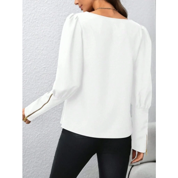 MDB Kadın Uzun Kollu Bisiklet Yaka Fermuar Detaylı Ithal Krep Bluz