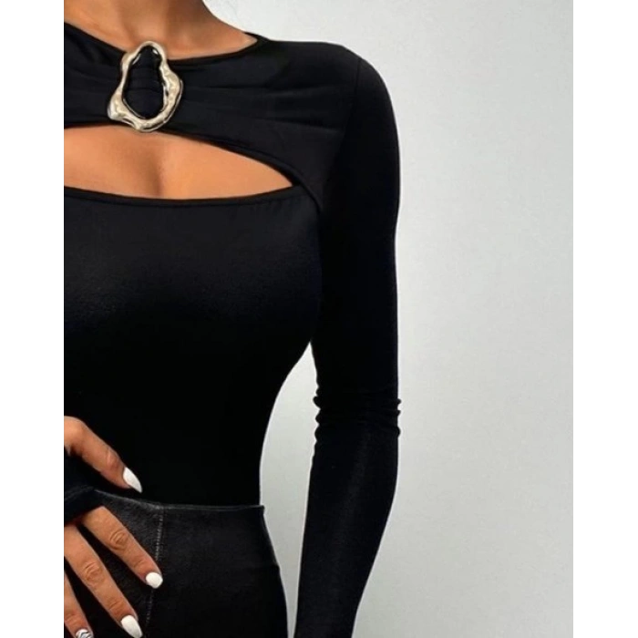 MDB Kadın Uzun Kollu Bisiklet Yaka Göğüs Dekolteli Viskon Bluz