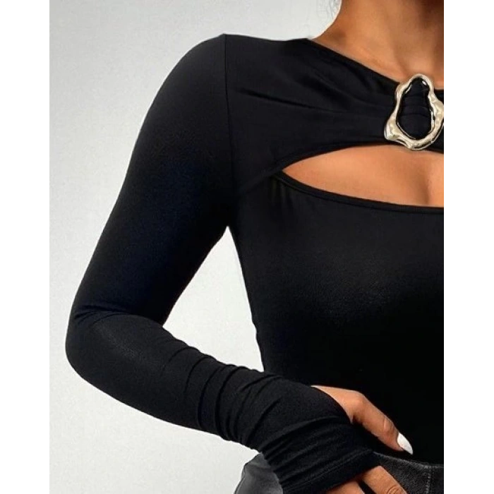 MDB Kadın Uzun Kollu Bisiklet Yaka Göğüs Dekolteli Viskon Bluz
