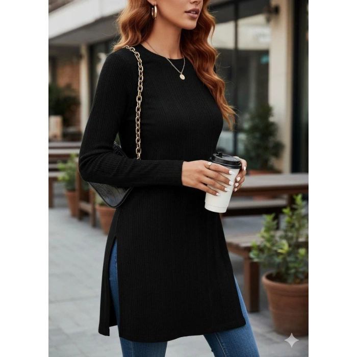 MDB Kadın Uzun Kollu Bisiklet Yaka Iki Yandan Yırtmaç Detay Triko Bluz