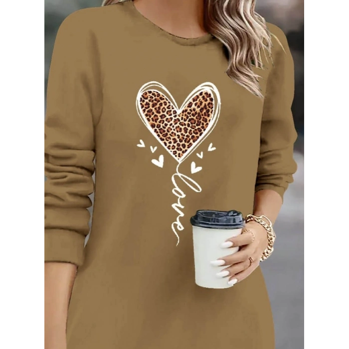 MDB Kadın Uzun Kollu Bisiklet Yaka Kalp Desenli Kısa Viskon Elbise