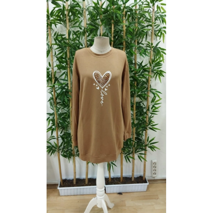 MDB Kadın Uzun Kollu Bisiklet Yaka Kalp Desenli Kısa Viskon Elbise