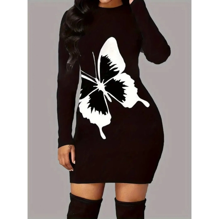 MDB Kadın Uzun Kollu Bisiklet Yaka Kelebek Desenli Kısa Viskon Iki Iplik Elbise