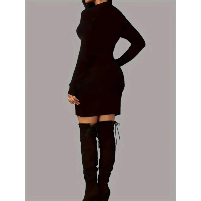 MDB Kadın Uzun Kollu Bisiklet Yaka Kelebek Desenli Kısa Viskon Iki Iplik Elbise