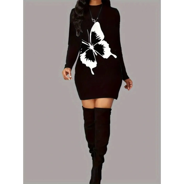 MDB Kadın Uzun Kollu Bisiklet Yaka Kelebek Desenli Kısa Viskon Iki Iplik Elbise