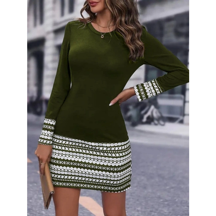 MDB Kadın Uzun Kollu Bisiklet Yaka Kol Ağzı Ve Etek Ucu Baskılı Iki Iplik Elbise