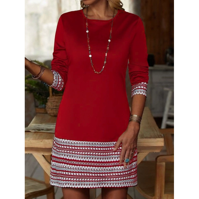 MDB Kadın Uzun Kollu Bisiklet Yaka Kol Ağzı Ve Etek Ucu Baskılı Iki Iplik Elbise
