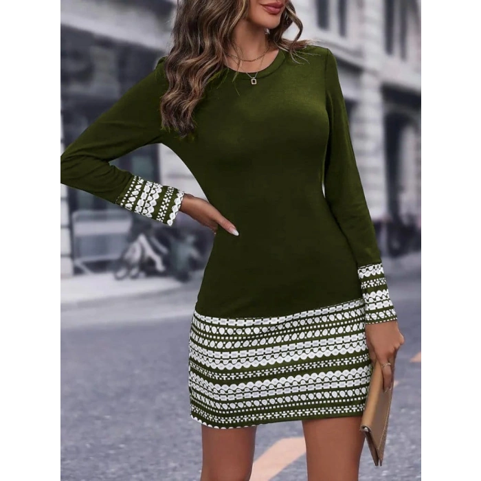 MDB Kadın Uzun Kollu Bisiklet Yaka Kol Ağzı Ve Etek Ucu Baskılı Iki Iplik Elbise