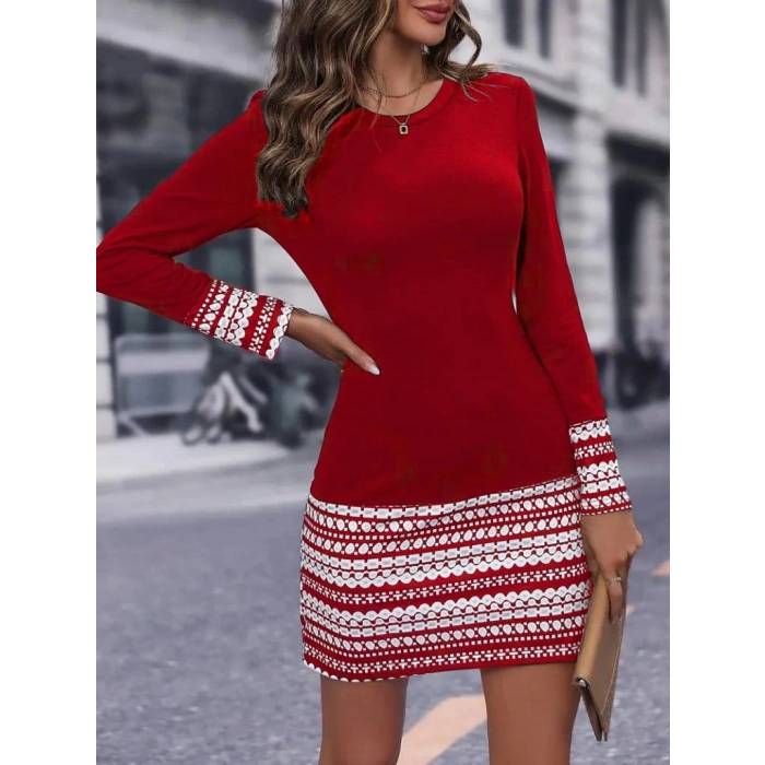 MDB Kadın Uzun Kollu Bisiklet Yaka Kol Ağzı Ve Etek Ucu Baskılı Iki Iplik Elbise