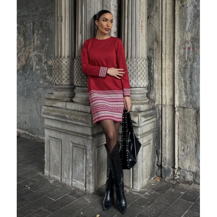 MDB Kadın Uzun Kollu Bisiklet Yaka Kol Ağzı Ve Etek Ucu Baskılı Iki Iplik Elbise