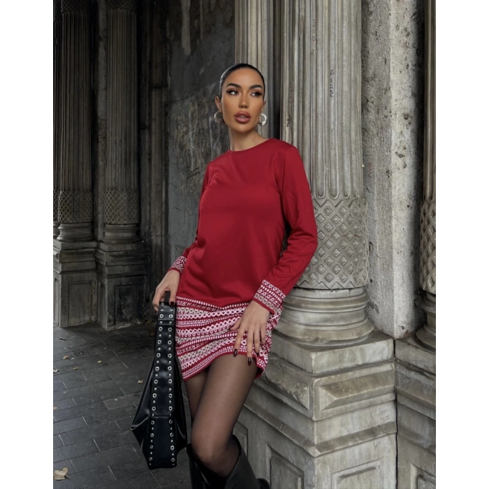 MDB Kadın Uzun Kollu Bisiklet Yaka Kol Ağzı Ve Etek Ucu Baskılı Iki Iplik Elbise