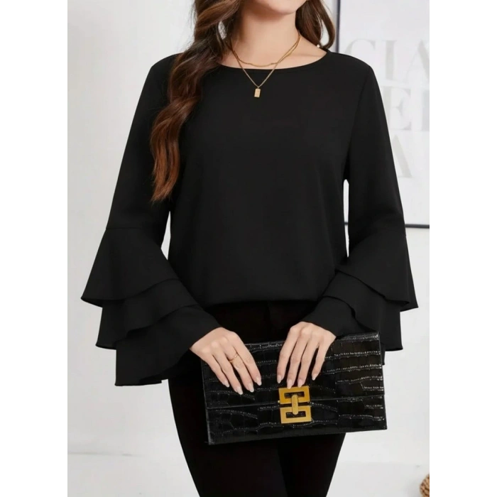 MDB Kadın Uzun Kollu Bisiklet Yaka Kollar İspanyol Volanlı Sandy Bluz