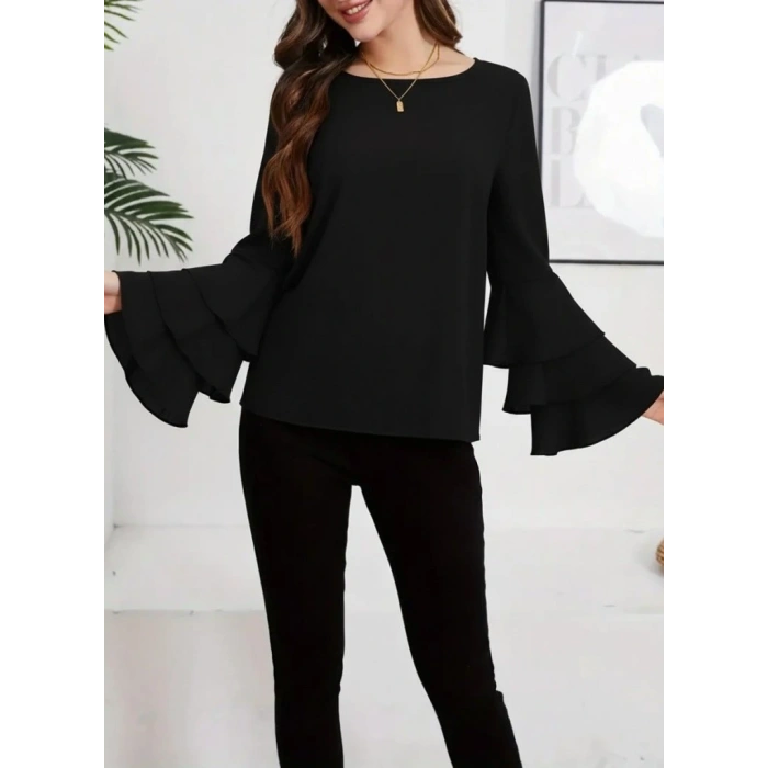 MDB Kadın Uzun Kollu Bisiklet Yaka Kollar İspanyol Volanlı Sandy Bluz