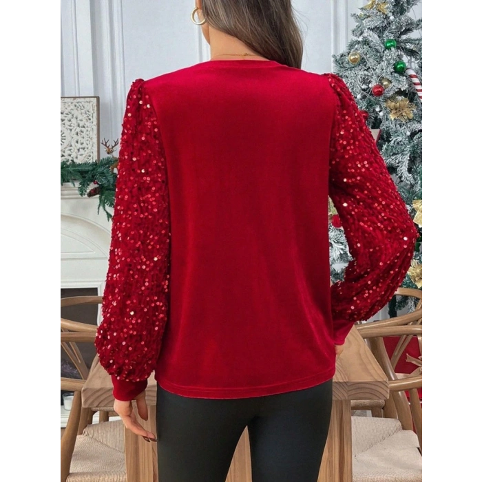 MDB Kadın Uzun Kollu Bisiklet Yaka Kollar Pulpayet Kadife Bluz