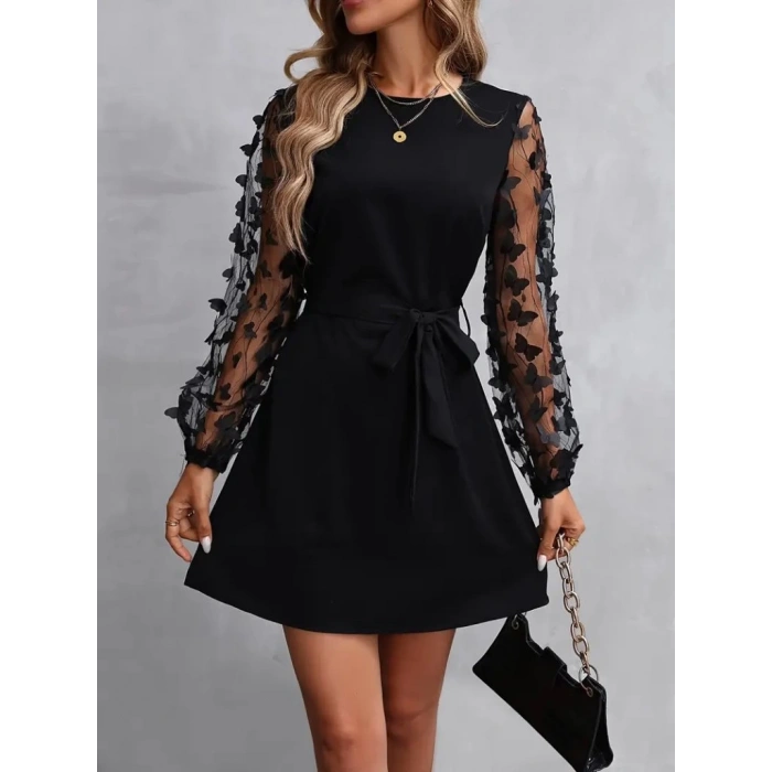 MDB Kadın Uzun Kollu Bisiklet Yaka Kollar Tül Kelebek Detaylı Ithal Krep Elbise