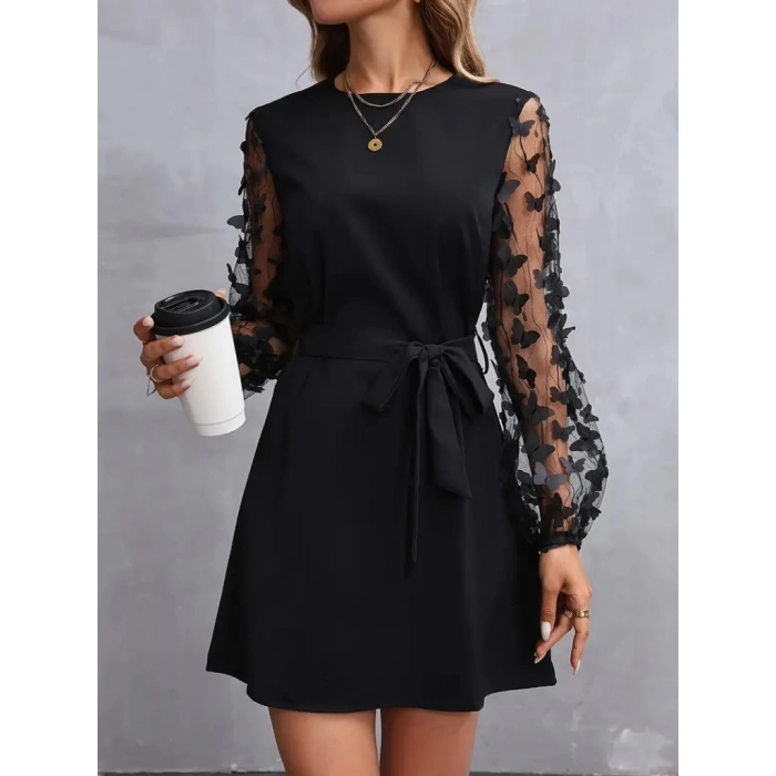 MDB Kadın Uzun Kollu Bisiklet Yaka Kollar Tül Kelebek Detaylı Ithal Krep Elbise