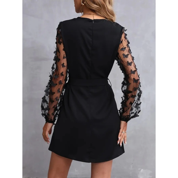 MDB Kadın Uzun Kollu Bisiklet Yaka Kollar Tül Kelebek Detaylı Ithal Krep Elbise